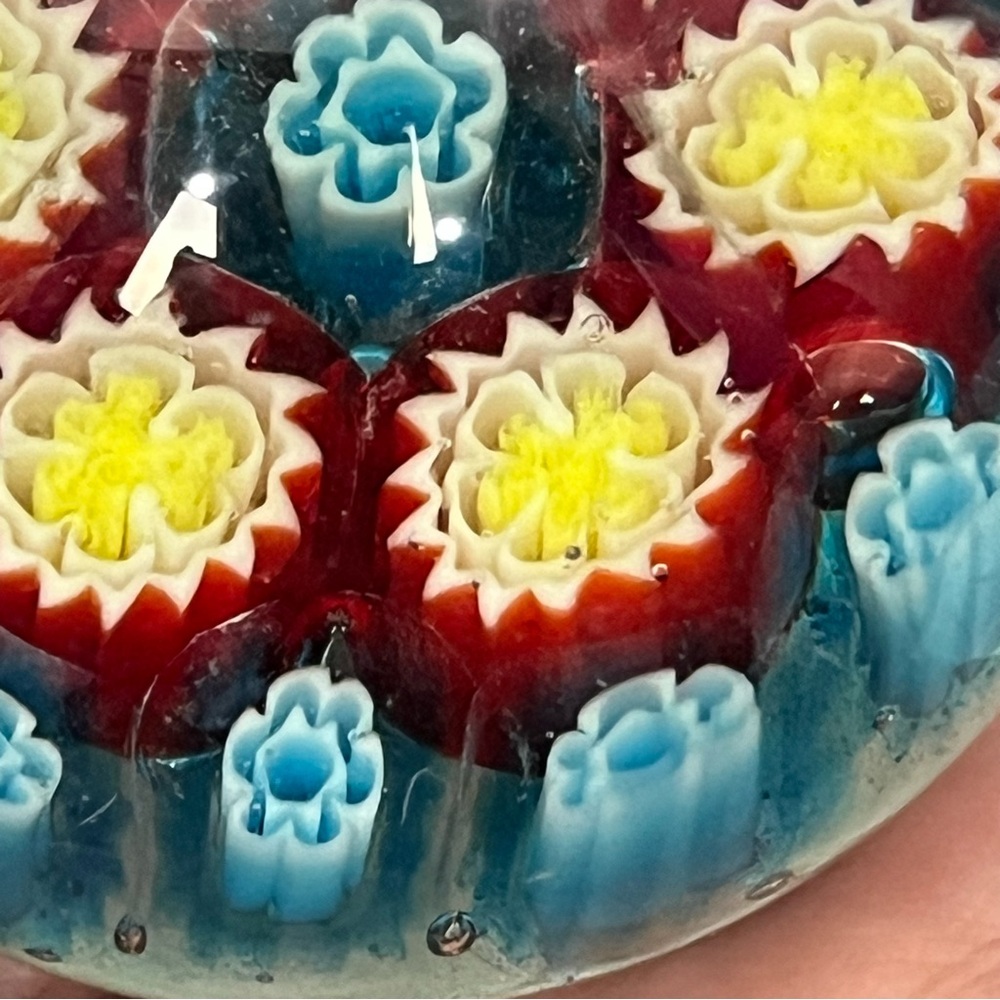 Small Vintage Art Glass Millefiori Murano Style Paperweight Red Blue Yellow - Picture 7 of 14